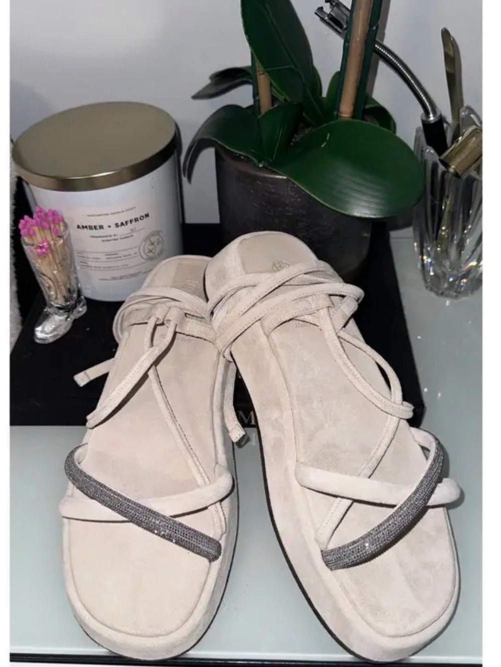 Brunello Cucinelli Cream Suede Tie-Strap Sandals with Embellished Band